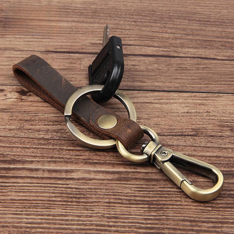 Handmade Genuine Leather Vintage Cowhide Bronze Car Keychain - Creative Small Gift
