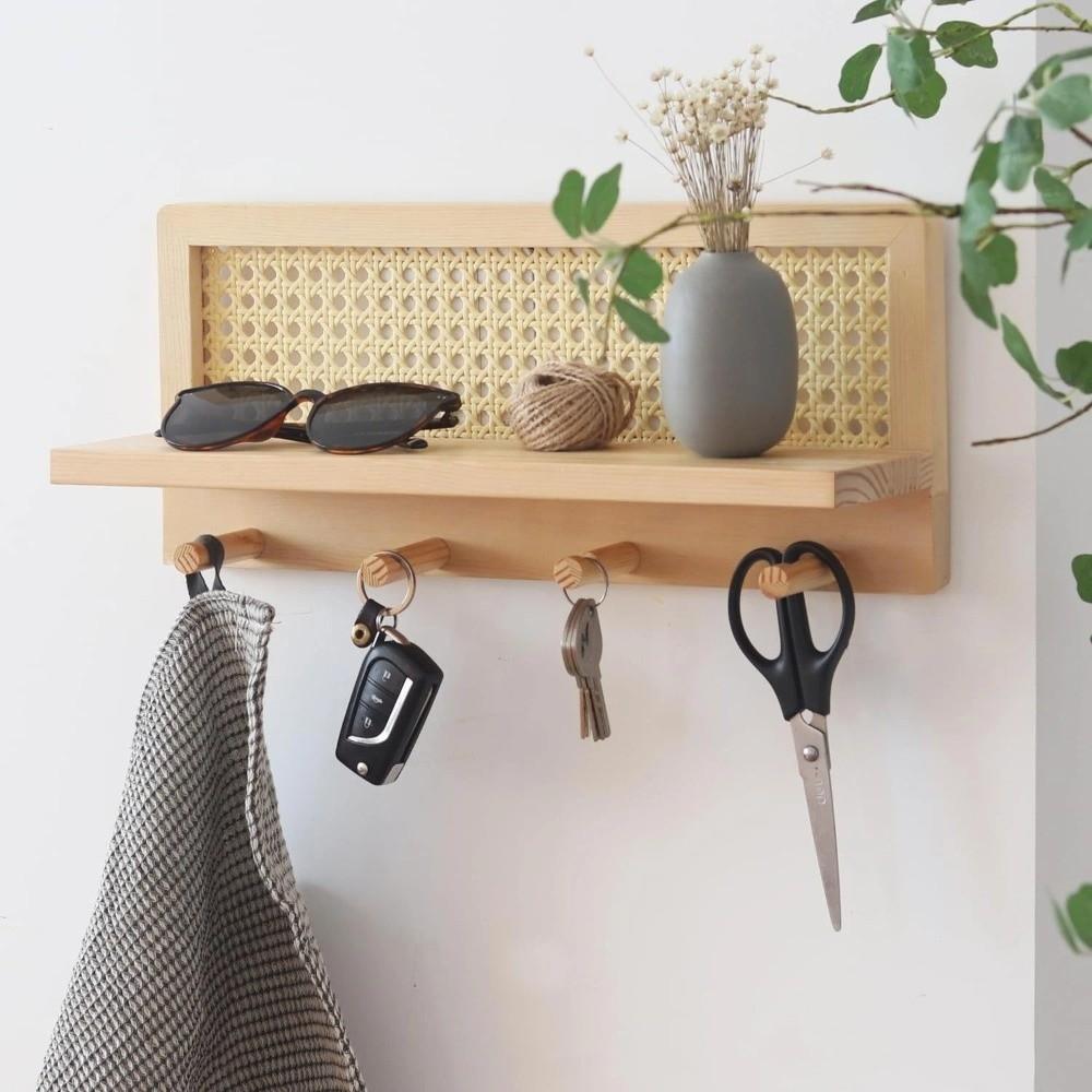 Solid Wood Woven Wall Key Hook Book Newspaper Organization Wall Mounted Magazine Storage Rack Space Saver Rattan Storage Rack