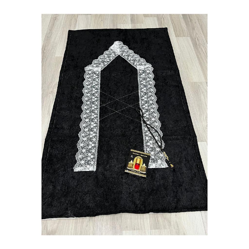 3 Piece Prayer Rug Set, Dowry Bundle Boxed, Velvet Laced Bride And Groom Set