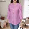 Women Casual Round Neck Solid Color Loose 3/4 Sleeve Blouse