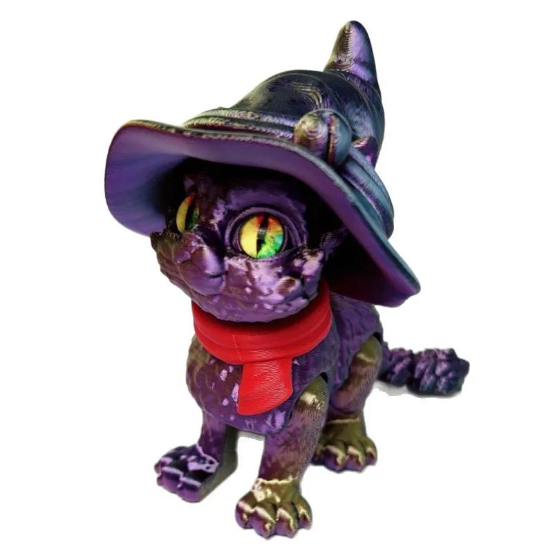3D Printed Cat Figure Toy for Adults Gift Realistic Magical Joint Movable Witch Hat Cat Animal Model Home Desktop Decoration