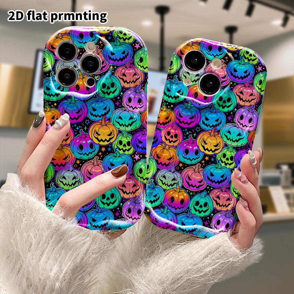 Phone Case: 2D flat, fits iPhone 12 Pro through iPhone 18, phone decoration, neon colorful pumpkin, perfect for Christmas and Halloween gifts