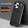 Чехол для iPhone 15 Pro Max с рамкой для объектива, подставкой, безрамной металлической крышкой телефона с кожаными слотами для карт