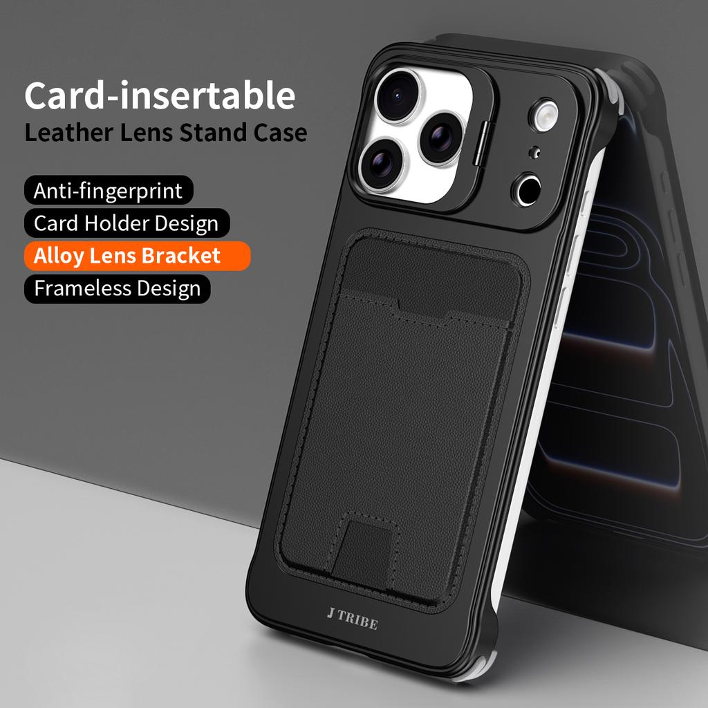 Чехол для iPhone 15 Pro Max с рамкой для объектива, подставкой, безрамной металлической крышкой телефона с кожаными слотами для карт