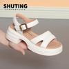 Fashion 2024 High Heels Platform Soft Leather Casual Sandals Woman Open Head Block Heel Elegant Summer Buckle Soft Sole Sandals