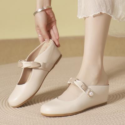 Мода 2025 Новая мода Женские тапочки на танкетке, Летние мюли на высоком каблуке, Туфли Мэри Джейн, Шлепанцы с закрытым круглым носком, Бежевый, Размер 35-42,