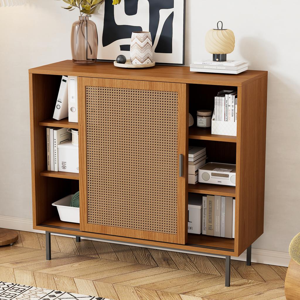 Kitchen Cabinet with 2 Sliding Doors and Adjustable Shelf, Country Style Side Cabinet for Living Room, Dining Room. Dimensions: W100/H90/D37 cm