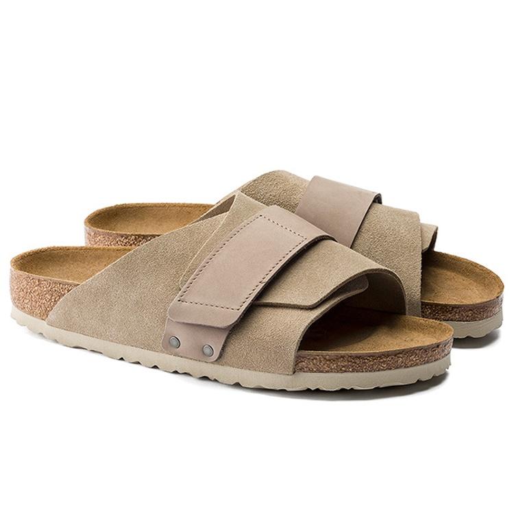 Birkenstock Kyoto Nubuk Leather Narrow Fit Slides ' Taupe' Men's 1015573