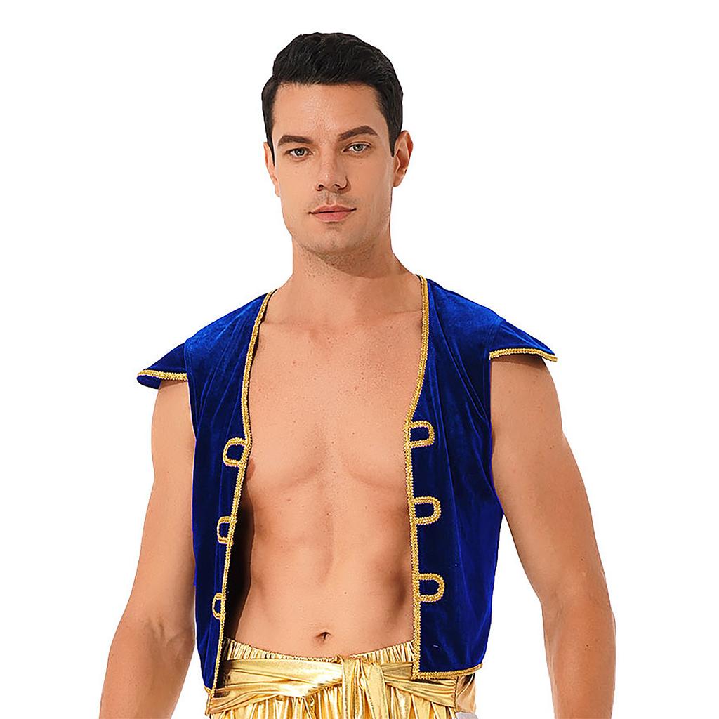 Mens Arabian Prince Costume Cap Sleeve V Neckline Braided Trimming Vest Waistcoat Halloween Cosplay Dress Up