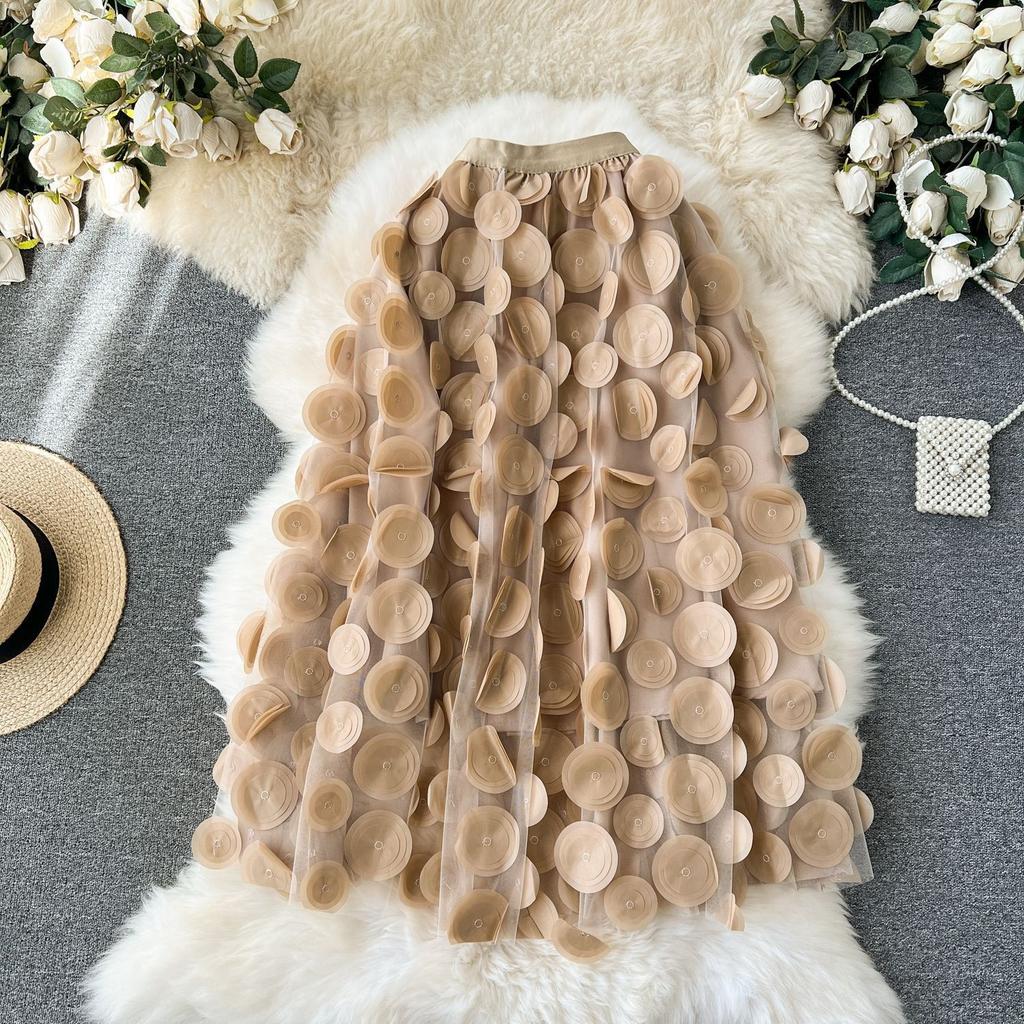 Летняя женская юбка миди с вышивкой в горошек, трехмерная, с большим клешем, из тюля