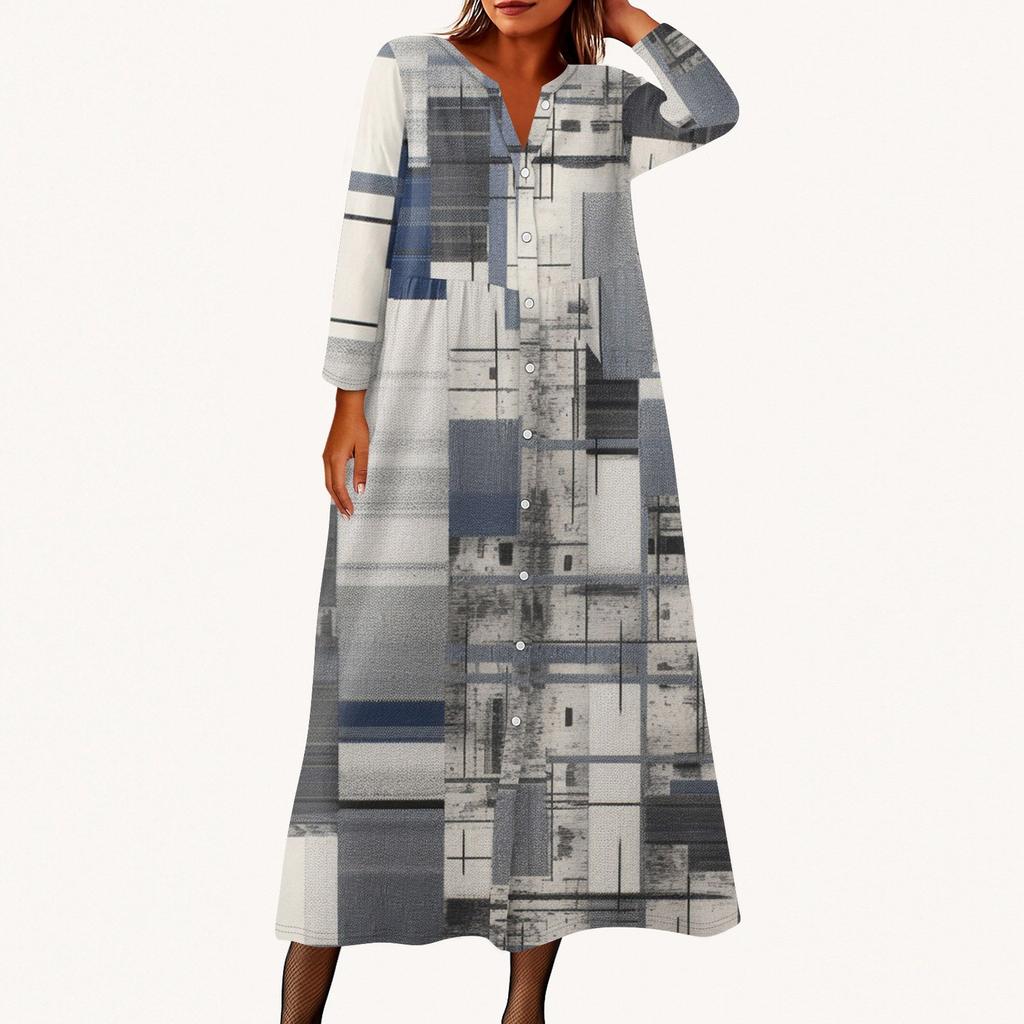 Женское модное платье-рубашка свободного кроя с принтом, круглым вырезом и рукавами семь четвертей на пуговицах