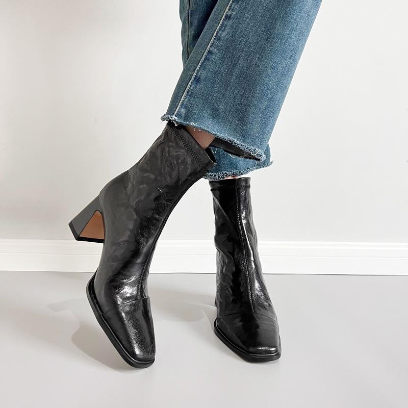 2024 New Winter Ankle Boots Grab Print Soft Leather Vintage Chunky Heel Boots for Women Botas De Invierno Para Mujer