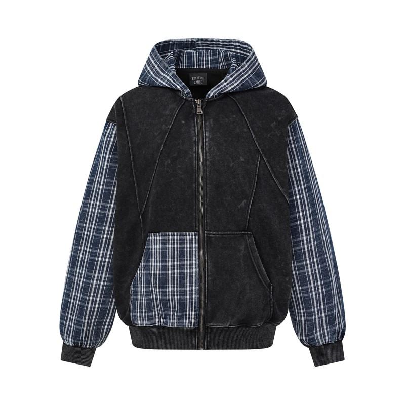 Magic Bear American Retro Plaid Stitched Hooded Sweatshirt Jacket Teenagers