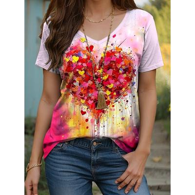 Женская футболка с рисунком сердца, геометрическим узором, винтажная, современная, повседневная, с коротким рукавом, с V-образным вырезом, обычные топы на каждый день