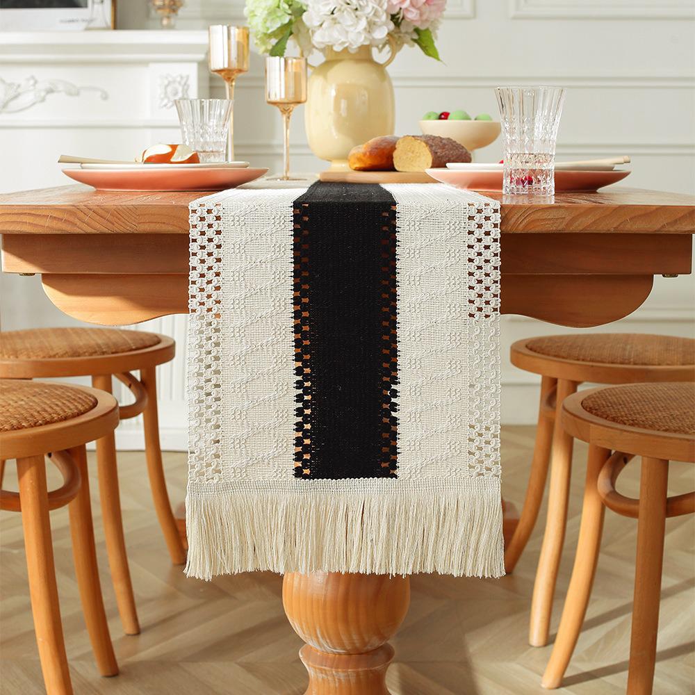 Vintage Cotton Linen Table Runner with Tassel Fringe – Light Luxury for Coffee Tables, Dining Tables, TV Stands, Chests, Shoe Cabinets, or Sideboards.