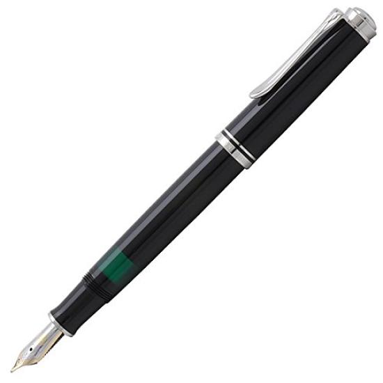Pelikan M405 Fountain 14K Gold Nib Souverän Pen, Black/Silver, Rhodium-Decorated (M Size), PL-M405BK