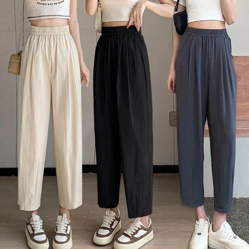 Женские летние тонкие свободные и узкие брюки-морковки с высокой талией и девятью точками, верхняя одежда из ледяного шелка, солнцезащитные повседневные шаровары