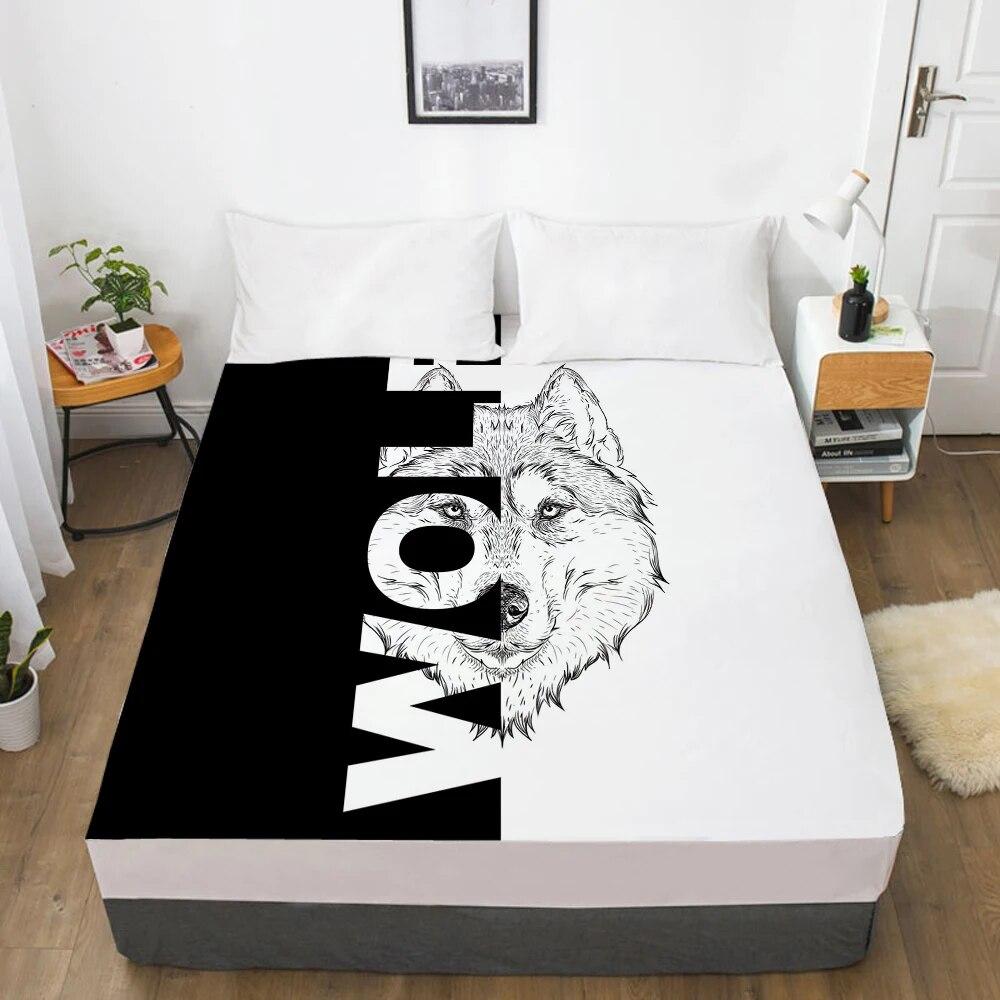 1PC Fitted Sheets Mattress Cover With Elastic Band 3D Bedsheet Linens 200x220 135x200 Bed Sheet Black and White Wolf