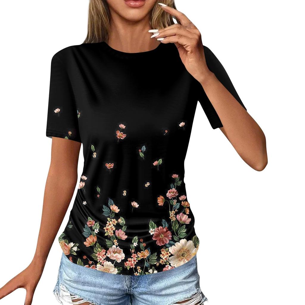 Women's T Shirts Fashion Casual Tops Round Neck Short Sleeve Printed Tunic