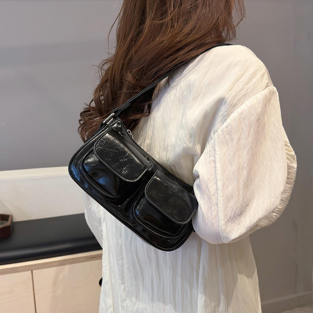 Ретро сумка под мышкой, двойные карманы, ПУ кожа, сумка для покупок, модная однотонная дизайнерская сумка под мышкой, на молнии, портативная, женская шикарная сумка-хобо