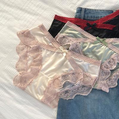 Женские трусики-брифы с кружевной отделкой, с низкой талией, с бантом, из шелковистого атласа, бикини