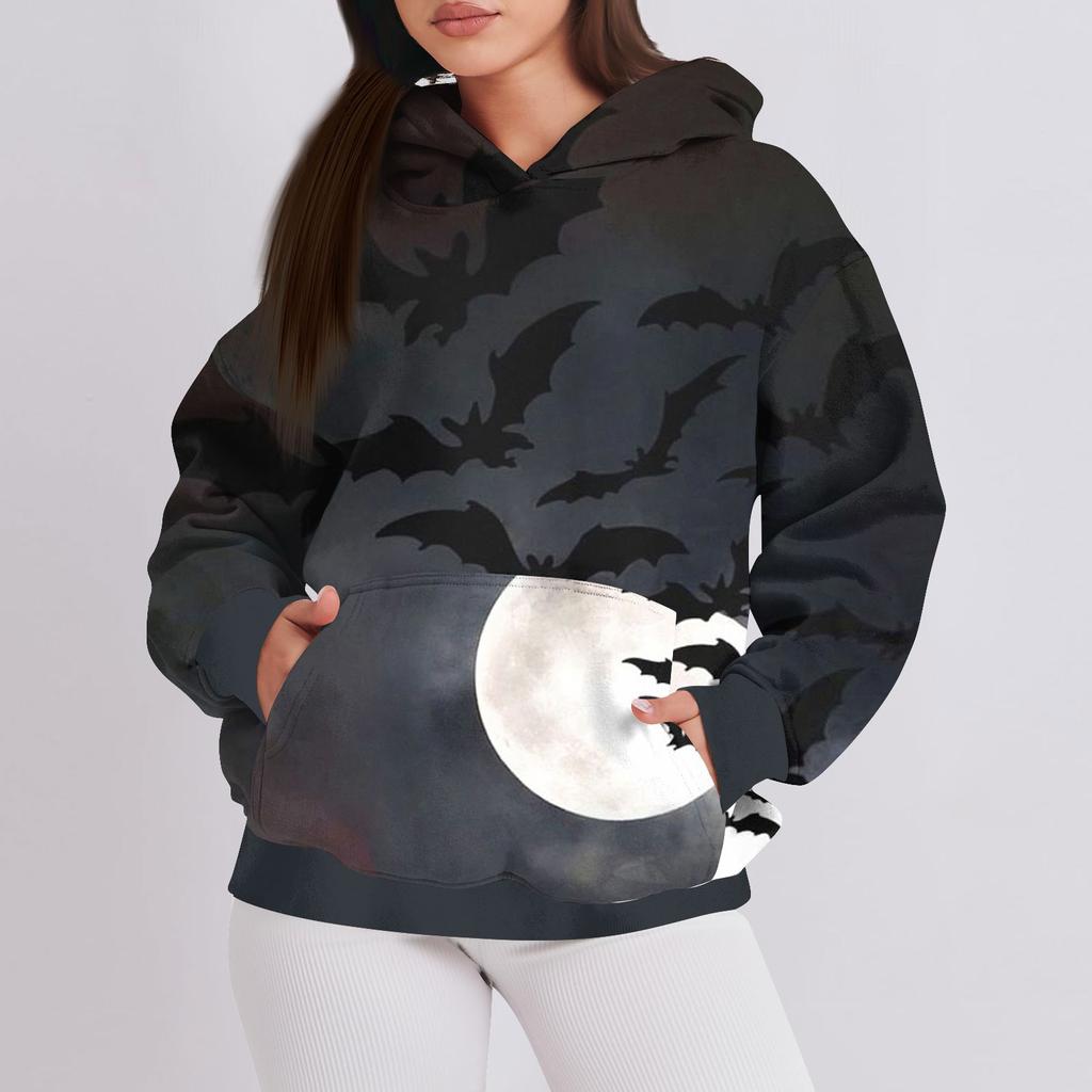 Women's Fashion Casual Pullover Hooded Sweatshirt Halloween Printed Long Sleeve Sweatshirt