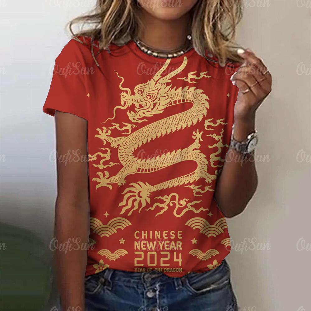 Женская футболка с принтом 3D-дракона в китайском стиле, новый пуловер для женщин с круглым вырезом, повседневный короткий рукав, 2024, модные уличные топы