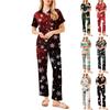 Женский рождественский пижамный комплект с принтом, женские короткие рукава, длинные брюки, комплект из двух предметов, застегивающийся на пуговицы, домашняя одежда