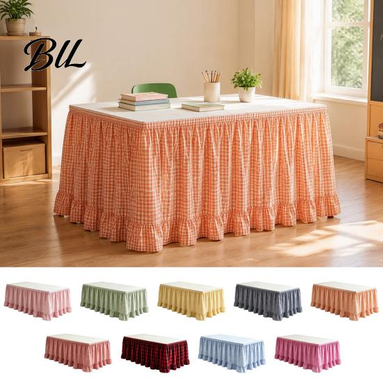 Hidden Storage Desk Cover Ruffled Plaid Table Skirt, Durable Polyester with Hook And Skirt for Classroom Loop Fasteners, Decorative Party Wedding