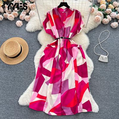 Женские модные летние весенние повседневные платья с цветными блоками и v-образным вырезом с коротким рукавом и высокой талией