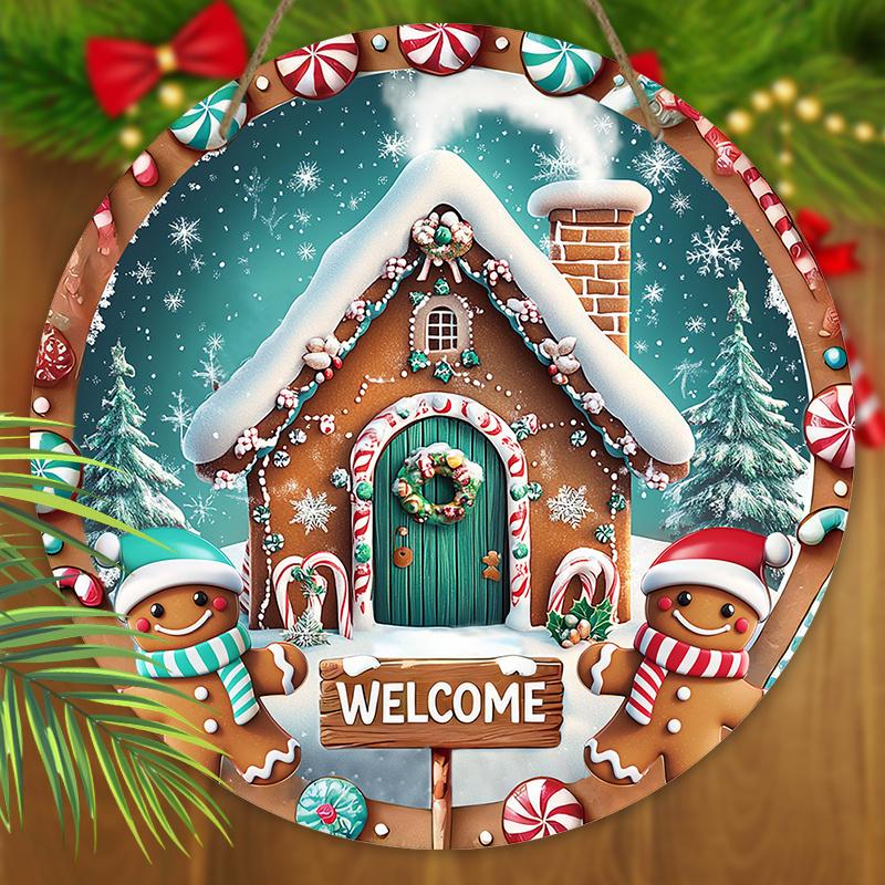 Wooden Christmas Sign with Snow House & Gingerbread Man Pattern - Navidad Welcome Sign for Front Door Wall Hanging Decor - Ideal Christmas Gift