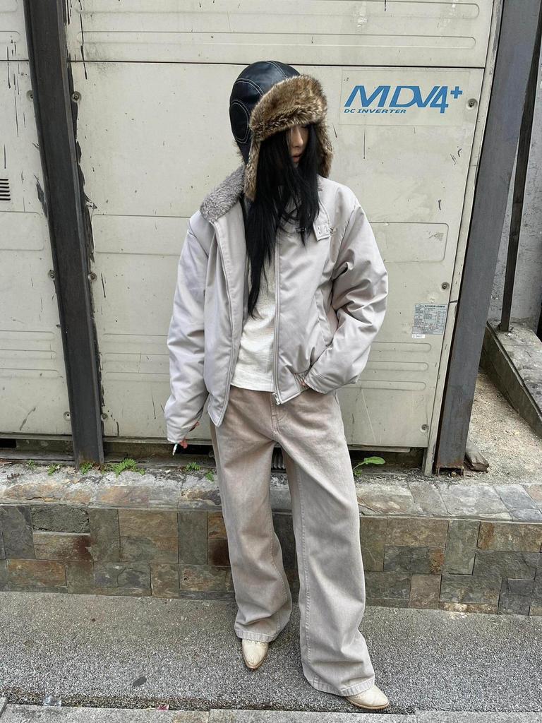 Цементно-серый зимний теплый хлопковый бомбер Харрингтон с меховым воротником