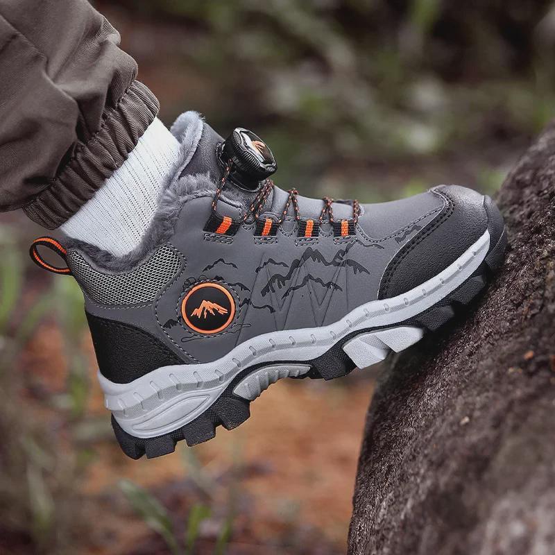 2023 Autumn Boys' Mid-Cut Velvet Hiking Shoes - Warm, Large-Size Sports Footwear for Kids