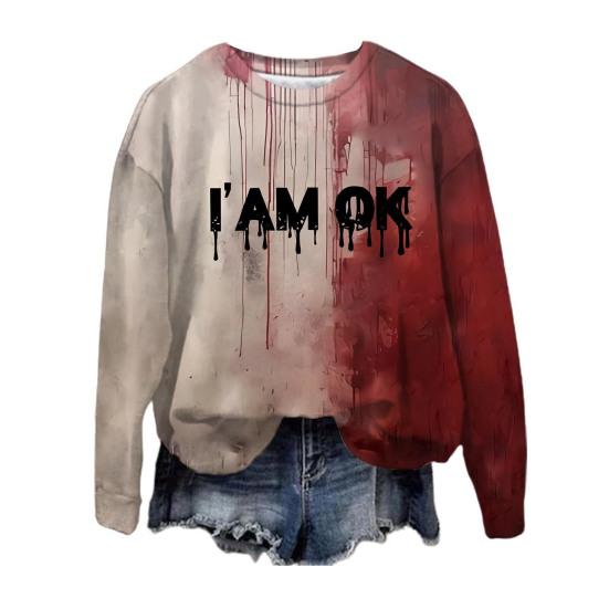 Women Sweatshirt 3D Bloodstain Print Round Neck Casual Halloween Haunted House Cosplay Top Long Sleeves Loose