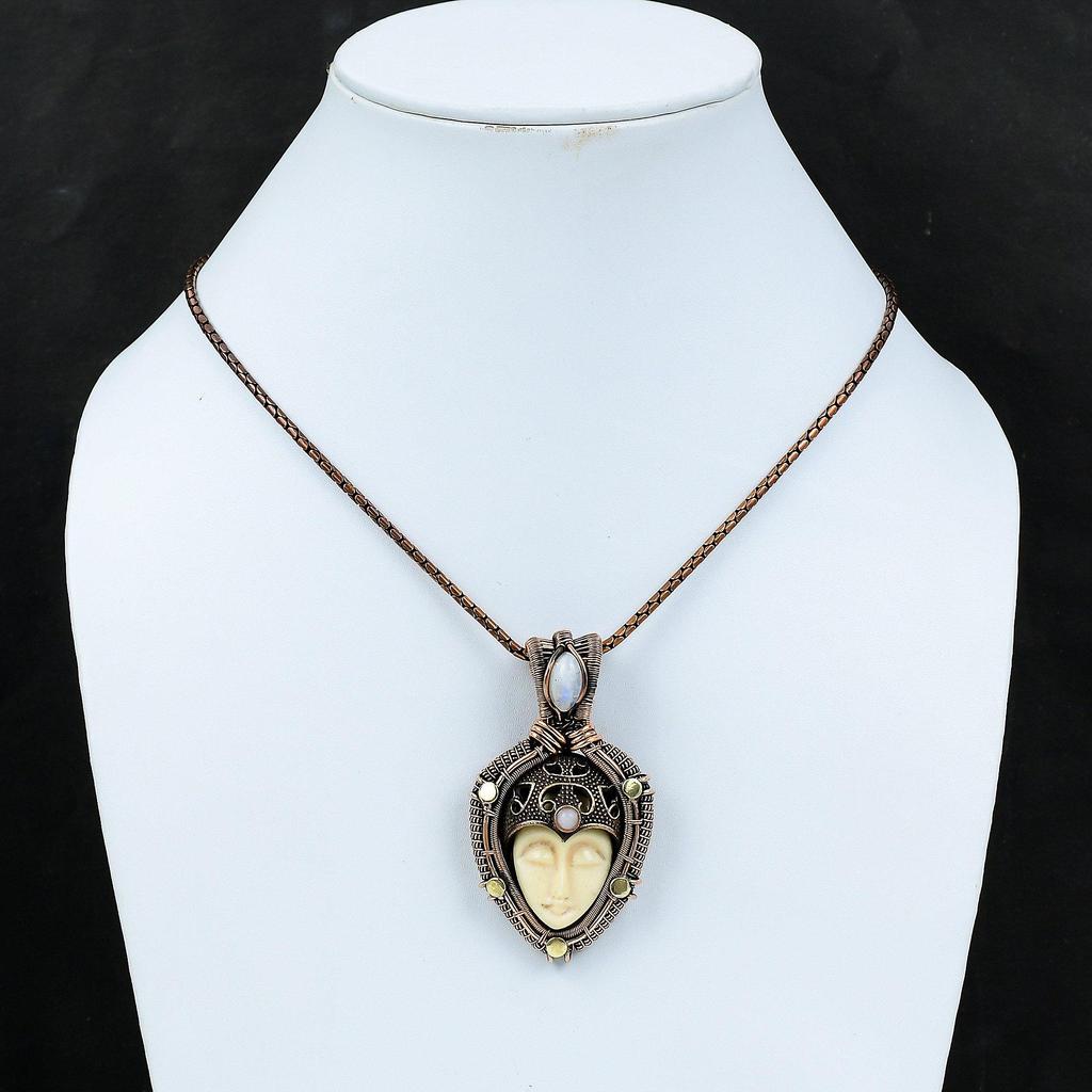 Белая резная кость лицо драгоценный камень медная проволока обруч кулон ювелирный подарок для любви