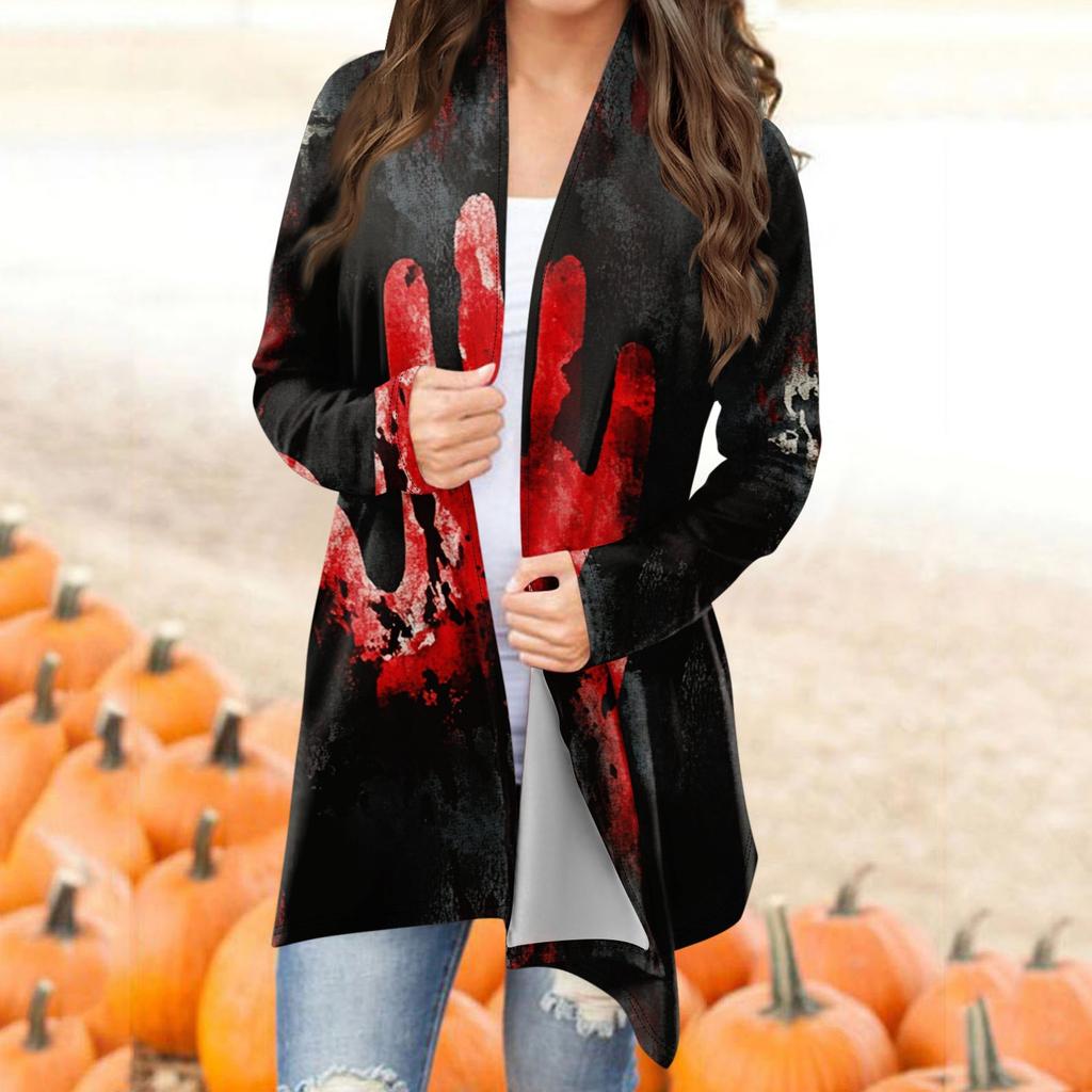 Женский модный повседневный кардиган средней длины с принтом на Хэллоуин, куртка, пальто