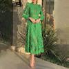 Retro Style Waist Embroidery Swing Dress Spring and Autumn Fashion Bubble Sleeve Dress Women's Medium Long Dress