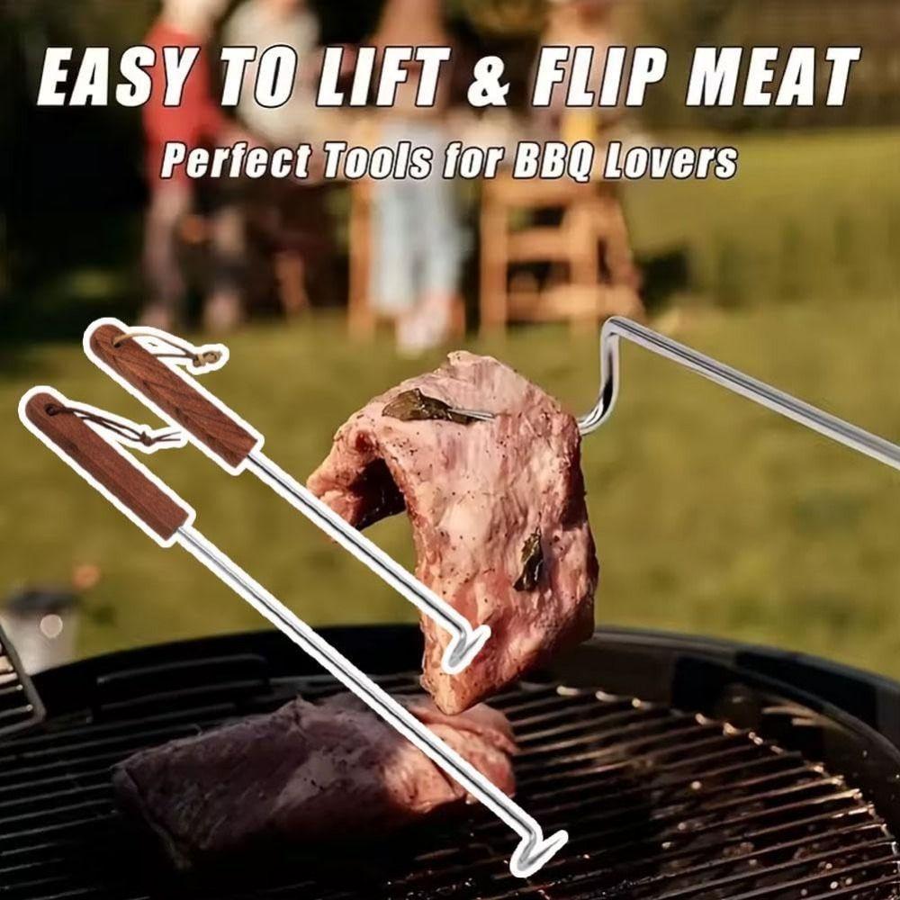 BBQ Meat Hook with Wooden Handle Food Flipper Hook Outdoor Meat Turner Hook  Easy To Clean