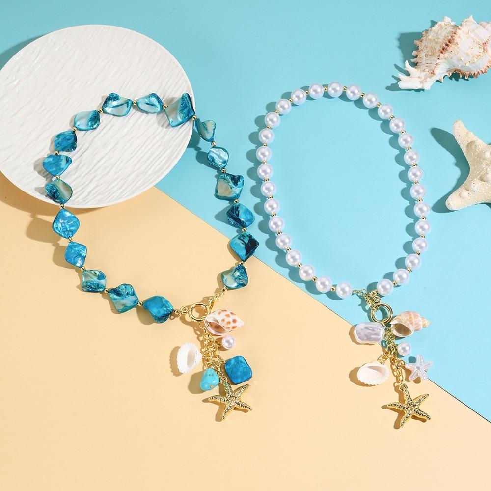 Handmade Sea Star Pendant Necklace Imitation Pearl Bohemian Shell Beads Necklace  Couple Gift