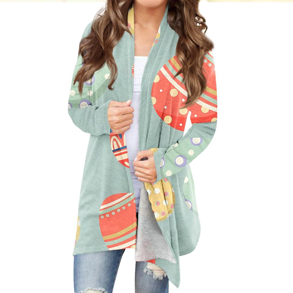 Женский кардиган с пасхальным принтом и длинными рукавами спереди, легкая куртка с принтом