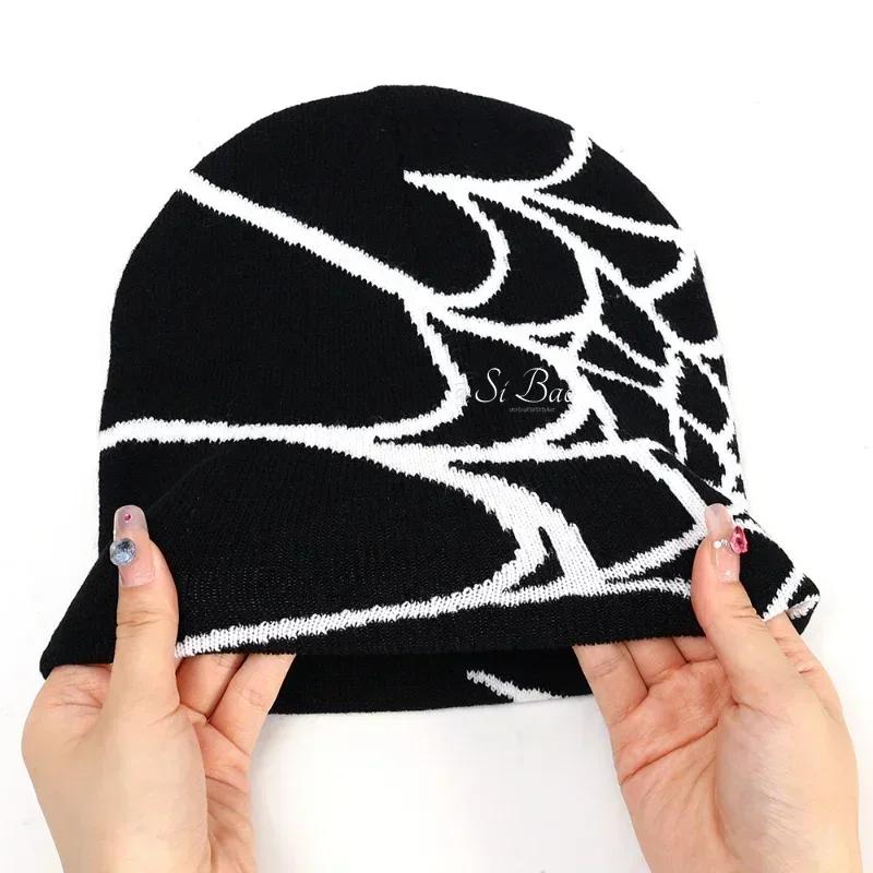 Вязаная шапка с паутиной для мужчин и женщин, модная шапка-пуловер с ворсом, теплая шапка Y2k Goth, новая уличная кепка в стиле хип-хоп
