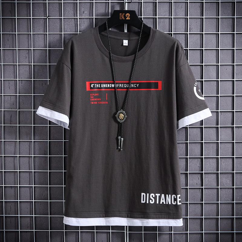 Летняя мужская модная футболка свободного кроя с коротким рукавом «два в одном» 2020 года
