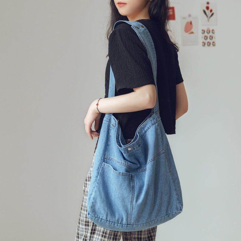 Сумка из мытой джинсовой сумки, большая вместительная сумка через плечо, студенческая большая сумка, женская простая сумка через плечо