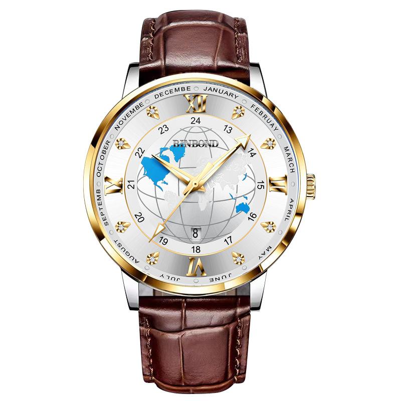 2025 new ultra-thin watch men's waterproof leather belt globe trend calendar men's watch