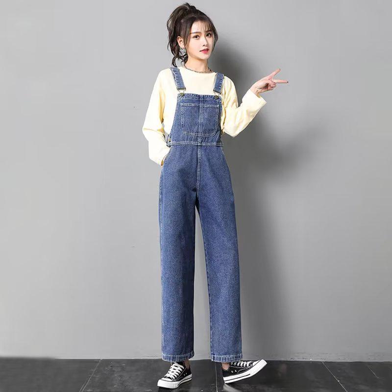 "Fall 2023 Vintage Denim Overall Dress - Mid-Length, Loose Fit, Plus Size, Slim Style for Women"