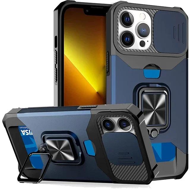 Чехол для iPhone 17 16 15 14 13 12 Pro Max Plus 8 7 Plus Mini, усиленная защита, сдвижная крышка камеры и крышка с зажимом для карт.