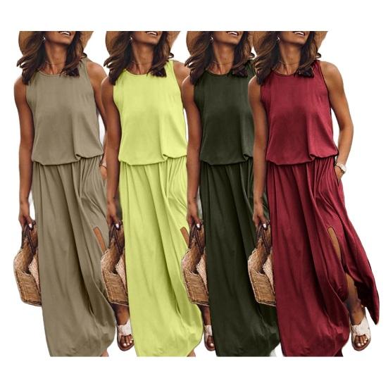 Женское летнее платье с плиссировкой, круглым вырезом, без рукавов, однотонное, свободное, с разрезом, макси-платье, повседневная одежда для свиданий, вечеринок, длинное платье