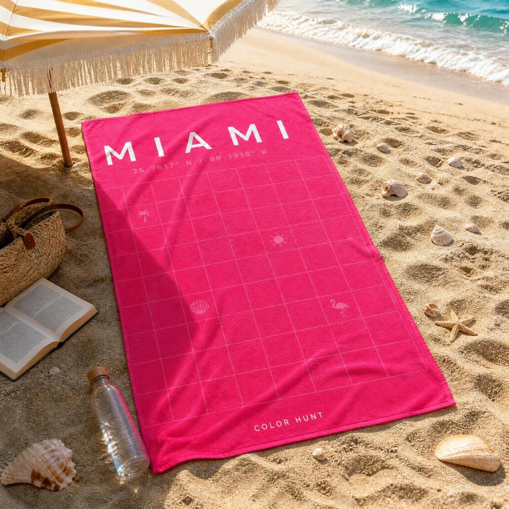 Vibrant Fuchsia MIAMI City Grid Beach Towel with Flamingo Shell Sun Icon Super Absorbent Lightweight Sand Resistant Vacation Mat