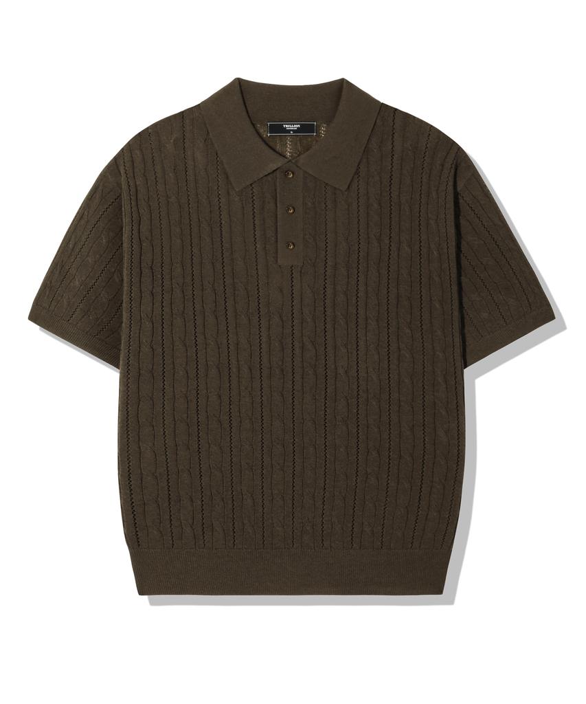 TRILLION Washable Resort Cable Collar Short Sleeve Knit_Brown