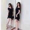 Irregular suspender A-word skirt year summer women's clothing black sexy V-neck off-the-shoulder waist and thin dress